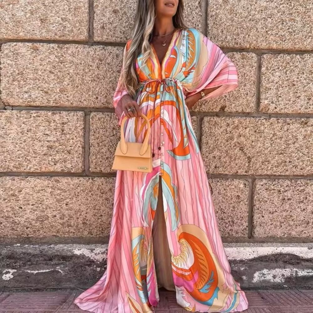 Pink Abstract Batwing Sleeve Elastic Waist Button Down Summer Maxi Dress Size XL - Picture 3 of 16